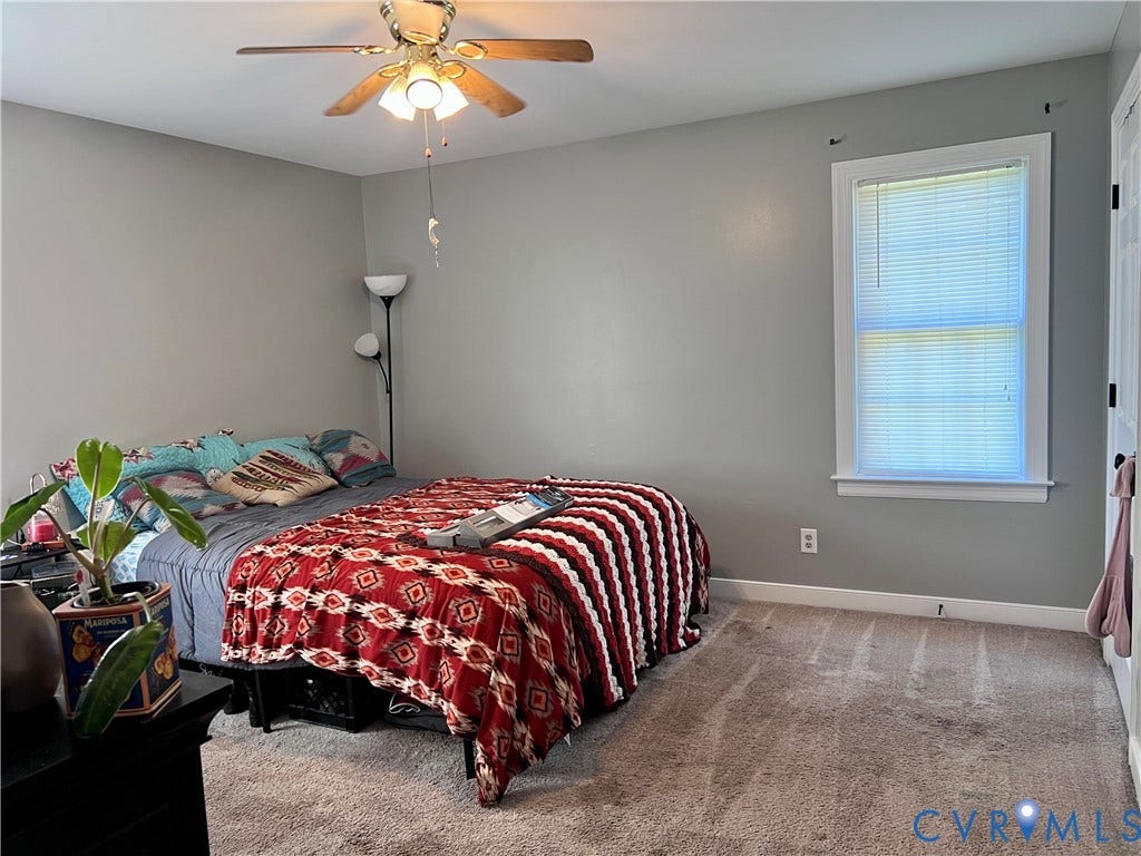 2301 Graceland Drive, Powhatan, VA 23139 Carpeted room featuring a ceiling fan with integrated lighting, a single window with blinds, and neutral wall paint