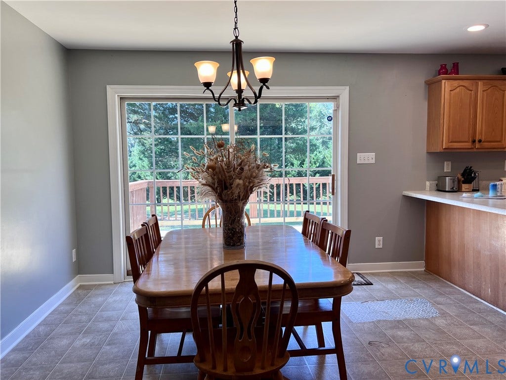 2301 Graceland Drive, Powhatan, VA 23139 Dining area with tile flooring and a sliding glass door opening to an outdoor deck