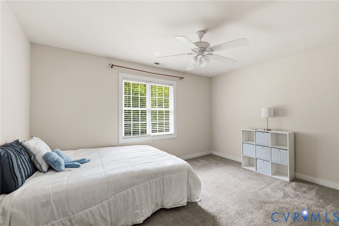 8343 Shagreen Court, The Highlands, Chesterfield, VA 23838 Neutral wall paint, window with blinds, ceiling fan, and carpeted flooring