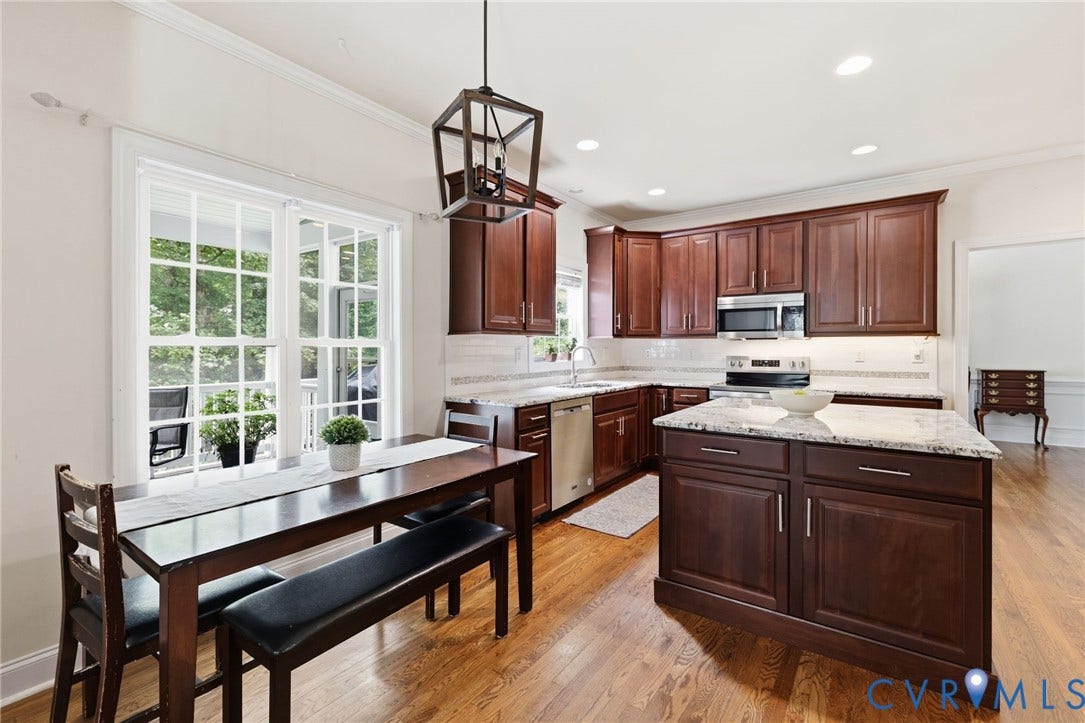 8343 Shagreen Court, The Highlands, Chesterfield, VA 23838 Kitchen featuring wood-finish flooring, dark wood cabinetry, granite countertops, an island, and stainless steel appliances