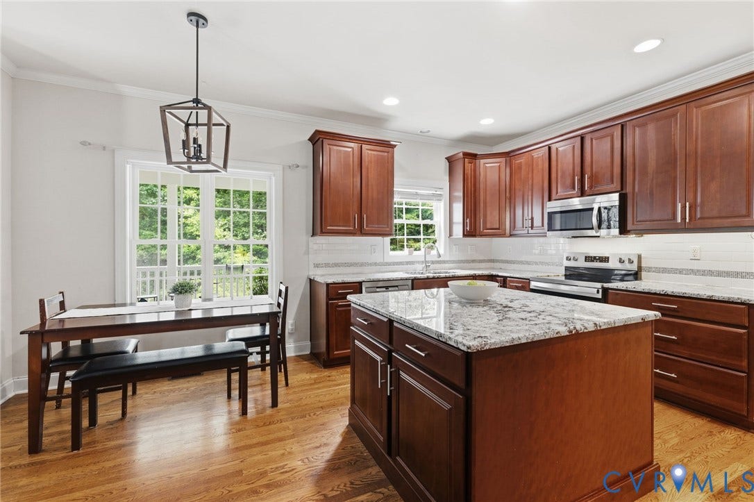 8343 Shagreen Court, The Highlands, Chesterfield, VA 23838 Kitchen featuring hardwood flooring, wood cabinetry, stone countertops, stainless steel appliances, and a central island