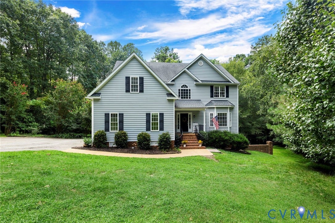 8343 Shagreen Court, The Highlands, Chesterfield, VA 23838 Light blue siding exterior featuring multiple gables and a bay window