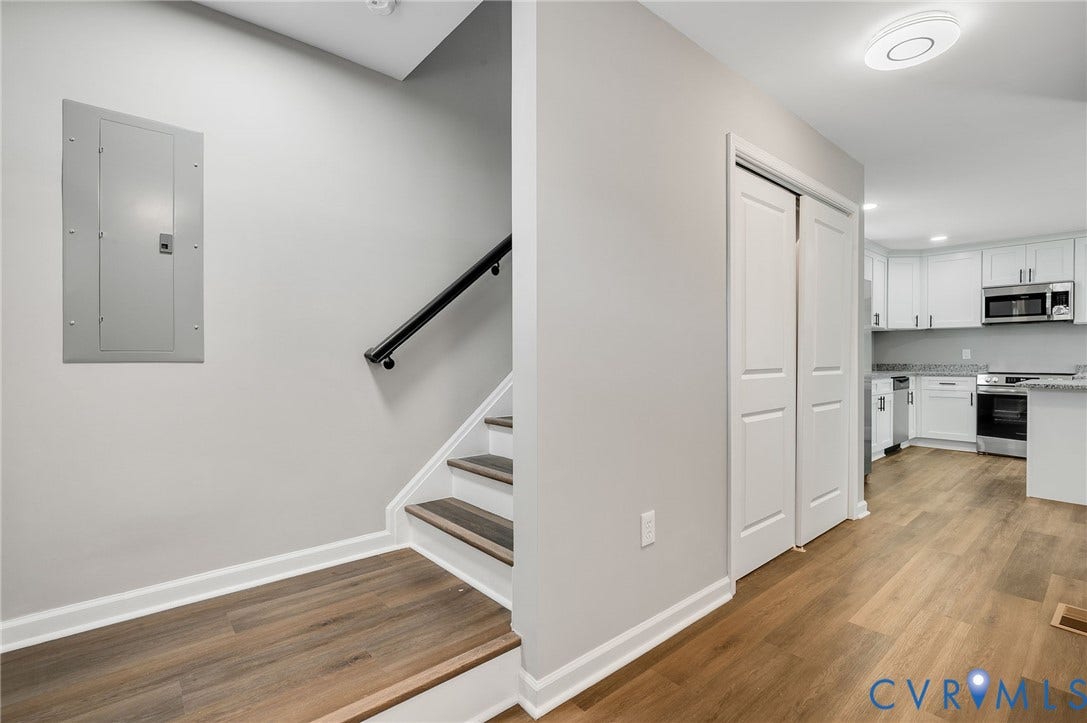 425 BYRNE Street, Petersburg, VA 23803 Open-concept kitchen with white cabinetry and stainless steel appliances