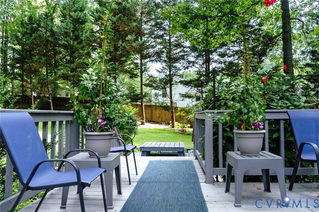 4900 Cord Court, Bridgewood, Glen Allen, VA 23060 Out door living space featuring comfortable seating areas, composite decking, and mature landscaping with tall trees providing natural screening