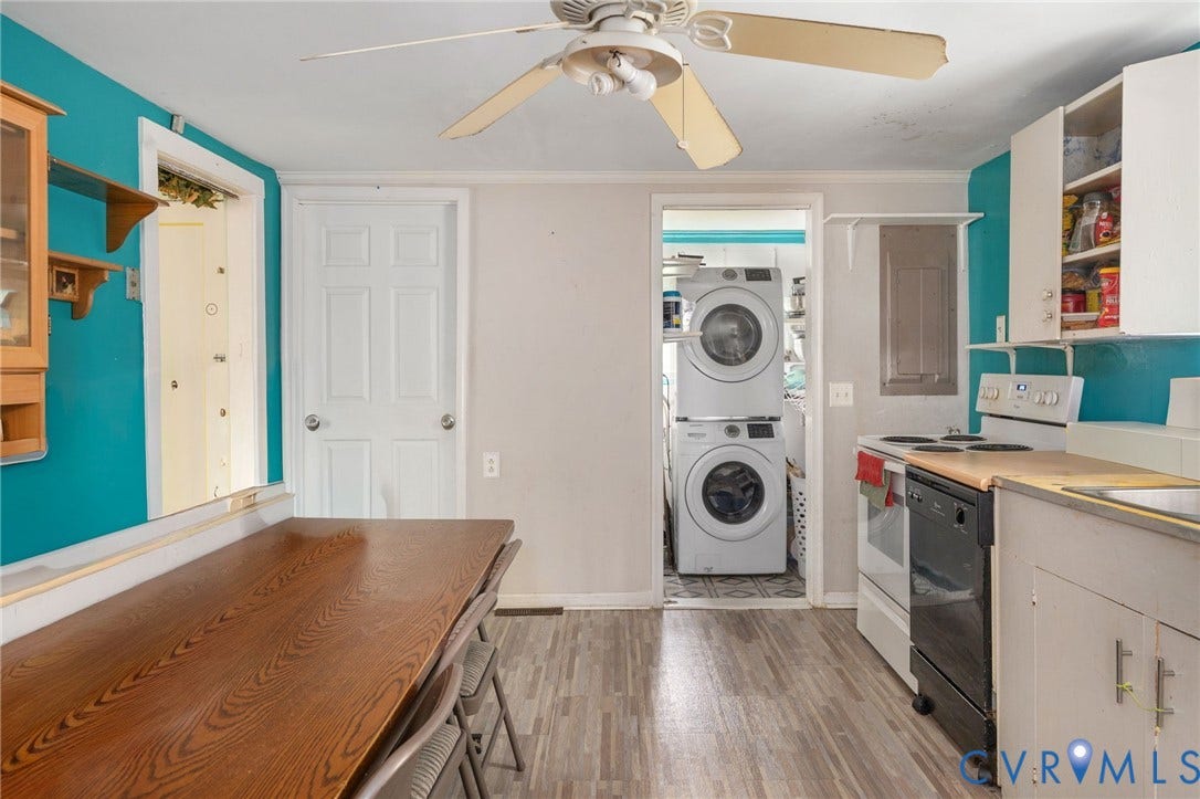 5927 Swanson Road, Richmond, VA 23225 Kitchen area featuring wood-finish flooring, white cabinetry, and a ceiling fan