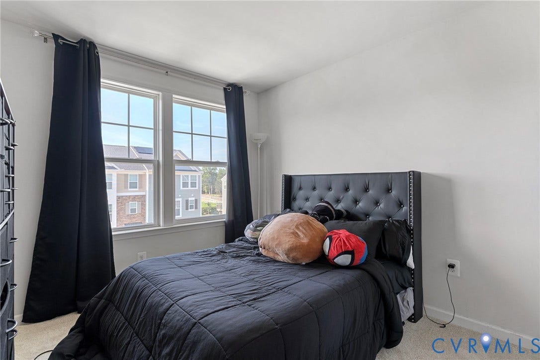 Dual pane windows with grid pattern, neutral wall paint, and textured carpeting