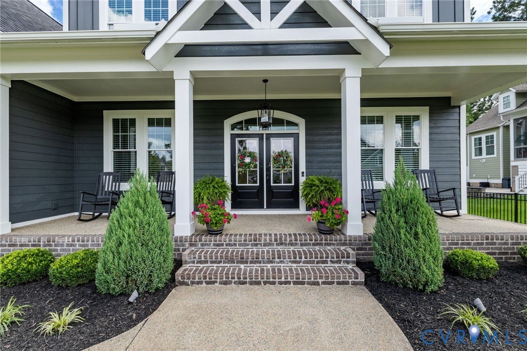 7237 Bonallack Bend, Carlton Ridge, Moseley, VA 23120 Welcoming front entry featuring brick stairs and double French doors with arched transom windows