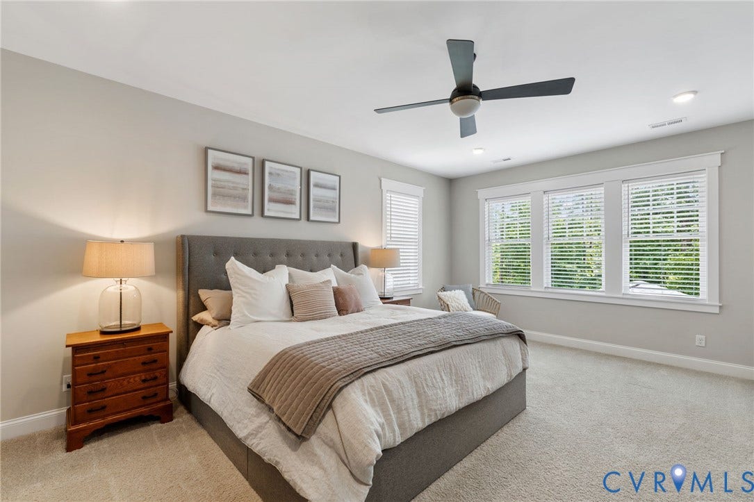 7237 Bonallack Bend, Carlton Ridge, Moseley, VA 23120 Bright and sunny Primary Bedroom with amazing closet and ceiling fan