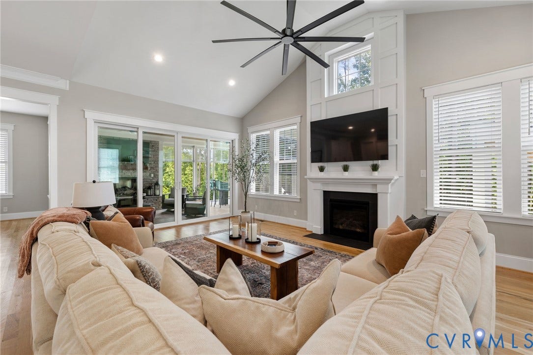 7237 Bonallack Bend, Carlton Ridge, Moseley, VA 23120 Vaulted ceiling with recessed lighting and oversized ceiling fan, full view to amazing screen porch!