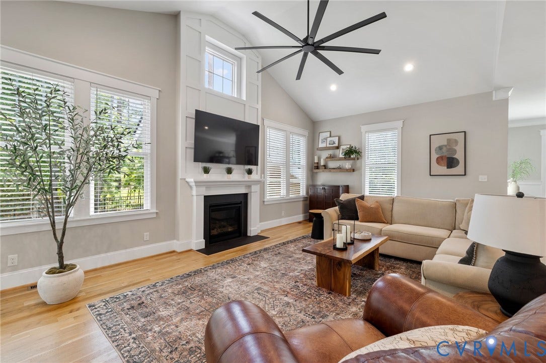 7237 Bonallack Bend, Carlton Ridge, Moseley, VA 23120 Vaulted ceiling with an oversized ceiling fan, 6 windows, gas fireplace with accent paneling