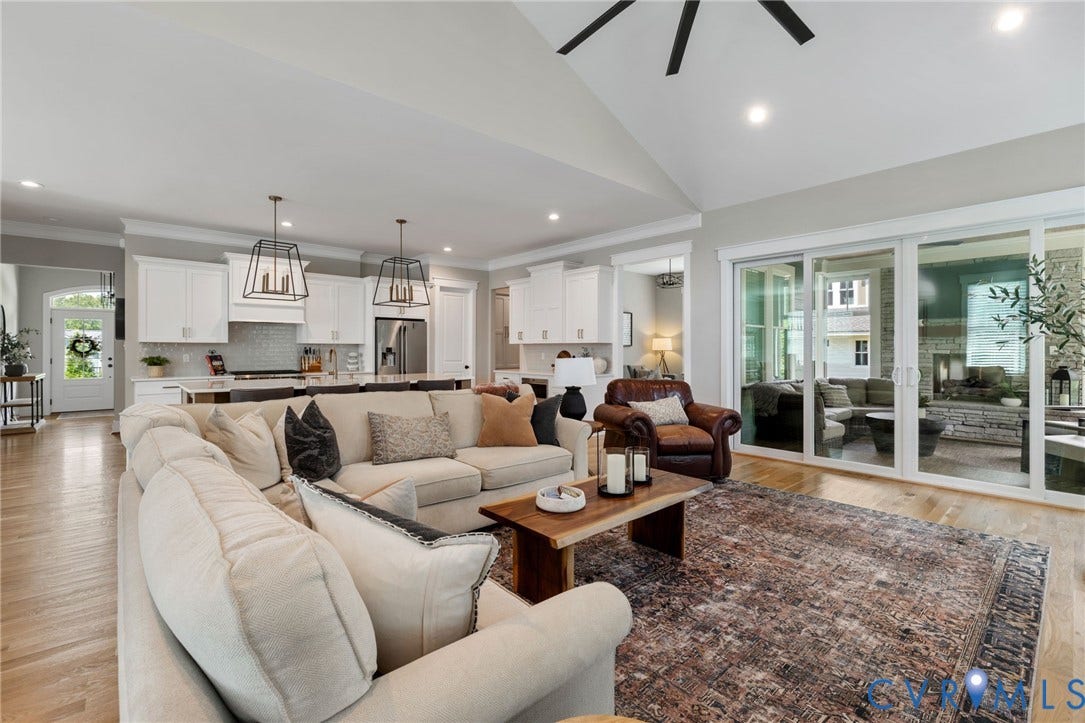 7237 Bonallack Bend, Carlton Ridge, Moseley, VA 23120 Open-concept living with views to kitchen, den, screen porch