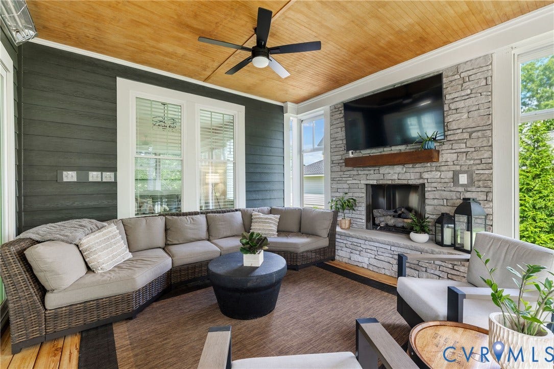 7237 Bonallack Bend, Carlton Ridge, Moseley, VA 23120 Year round use is this amazing screen porch 14' x 24'! Stone gas fireplace, heaters, vinyl panel windows, door to patio