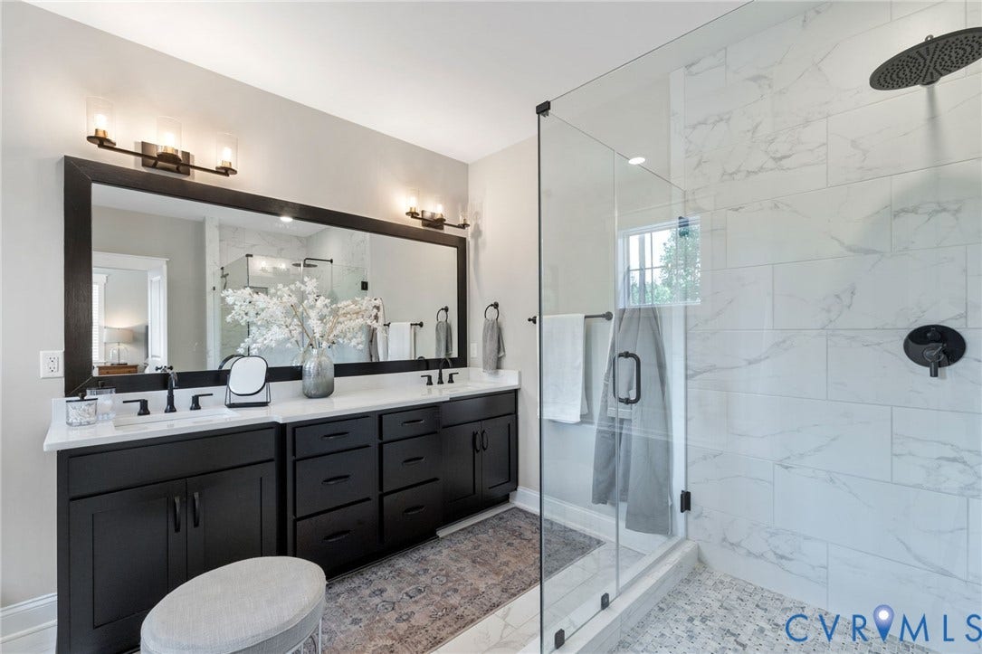 7237 Bonallack Bend, Carlton Ridge, Moseley, VA 23120 Spa-inspired primary bathroom showcasing a large double vanity with quartz countertops, large frameless glass shower with tile surround and marble flooring