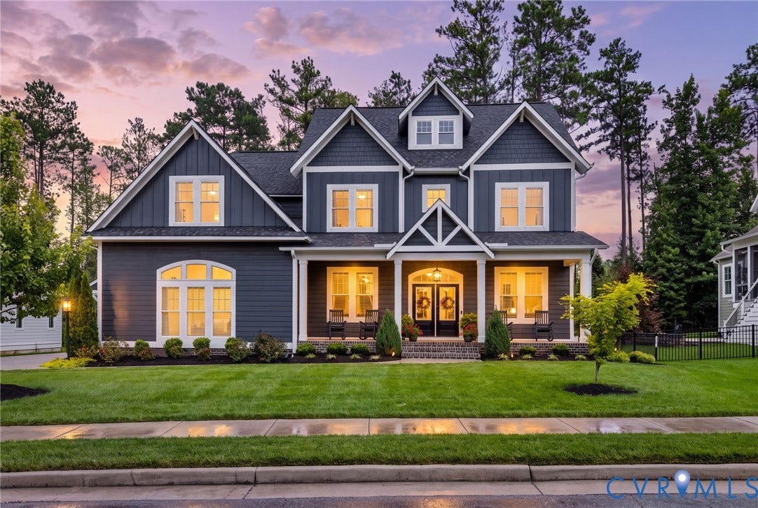 7237 Bonallack Bend, Carlton Ridge, Moseley, VA 23120 Striking two-story Craftsman style home with board-and-batten exterior, multiple gabled rooflines, and symmetrical facade
