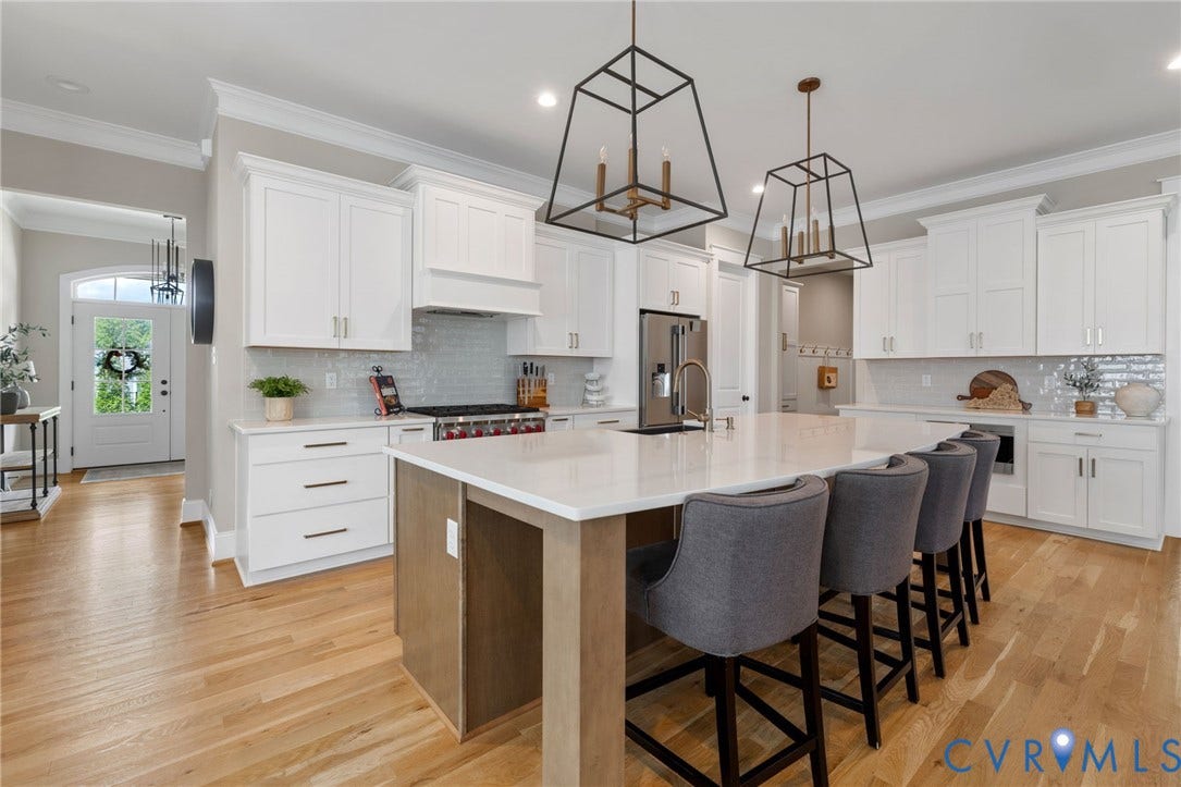 7237 Bonallack Bend, Carlton Ridge, Moseley, VA 23120 Chef's kitchen with Wolf 6 burner gas range, tons of quartz countertops, extensive white cabinetry, large center island with counter seating, stainless steel appliances, walk-in pantry, backsplash, and pendant lighting