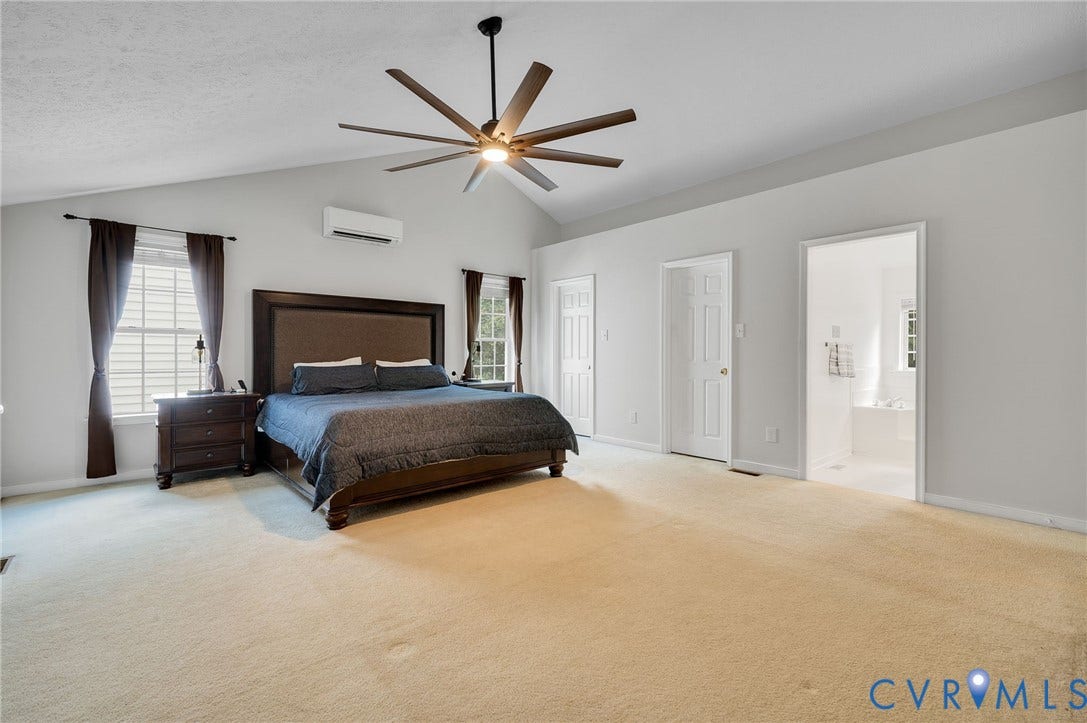 10620 Correnty Drive, Henrico, VA 23059 Spacious room featuring vaulted ceilings, light-colored carpeting, multiple windows with blinds, a ceiling fan with integrated lighting, and direct access to a separate bathroom and 2 closets