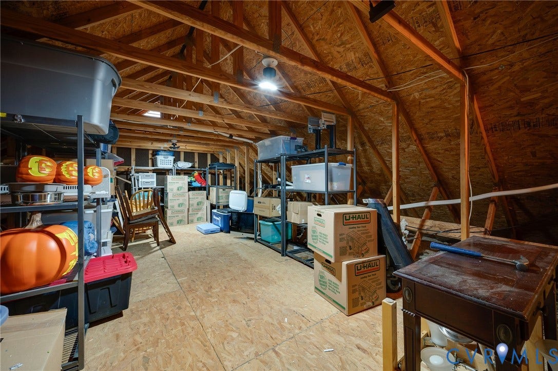 10620 Correnty Drive, Henrico, VA 23059 Spacious attic storage area featuring exposed wood beams, plywood flooring, and overhead lighting