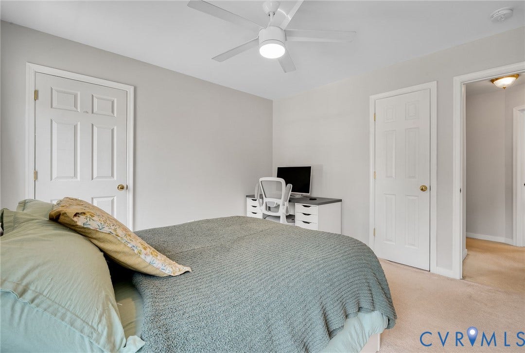 10620 Correnty Drive, Henrico, VA 23059 Neutral-toned room featuring a white ceiling fan with integrated lighting, two paneled doors, and plush carpeting