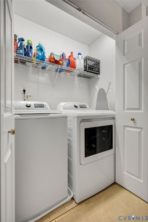 10620 Correnty Drive, Henrico, VA 23059 Dedicated laundry area featuring a white top-load washing machine, front-load dryer, and overhead wire shelving