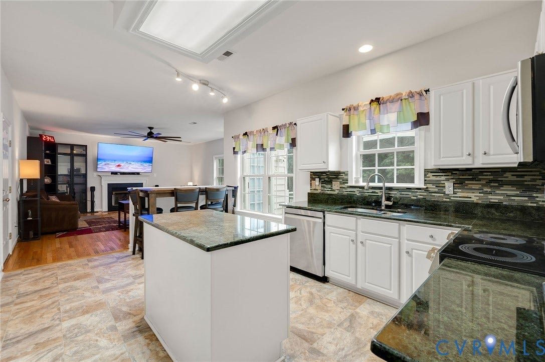 10620 Correnty Drive, Henrico, VA 23059 Kitchen featuring white cabinetry, dark stone countertops, a tile backsplash, and stainless steel appliances