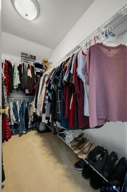 10620 Correnty Drive, Henrico, VA 23059 Walk-in closet featuring built-in wire shelving, multiple hanging rods, dedicated shoe storage, and neutral-toned carpeting