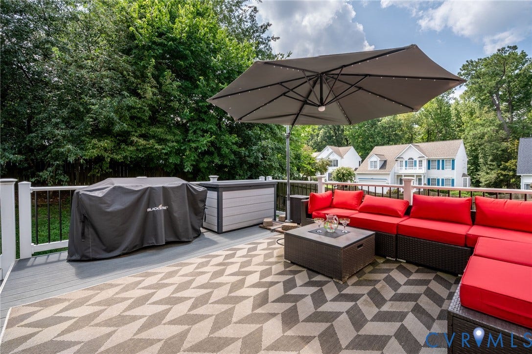 10620 Correnty Drive, Henrico, VA 23059 Spacious outdoor deck featuring composite decking, white railings with black balusters, and a built-in firepit