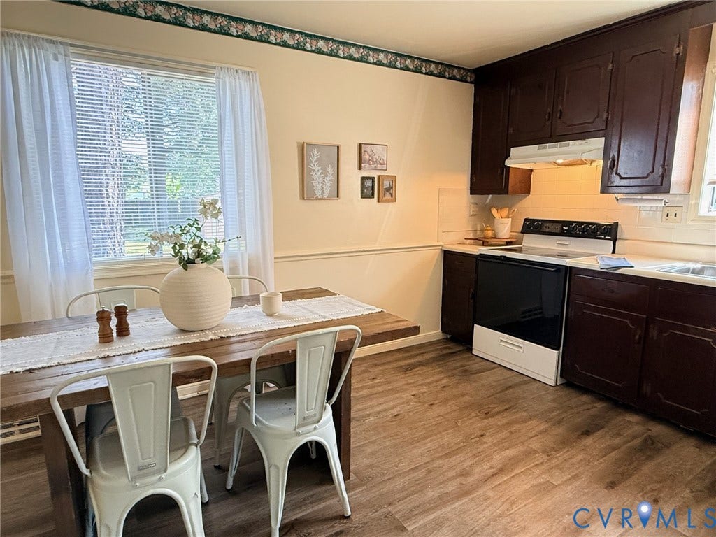 6401 Lythgoe Avenue, North Chesterfield, VA 23234 Window with horizontal blinds, wood-finish flooring, dark wood cabinetry, white tile backsplash, and built-in dishwasher