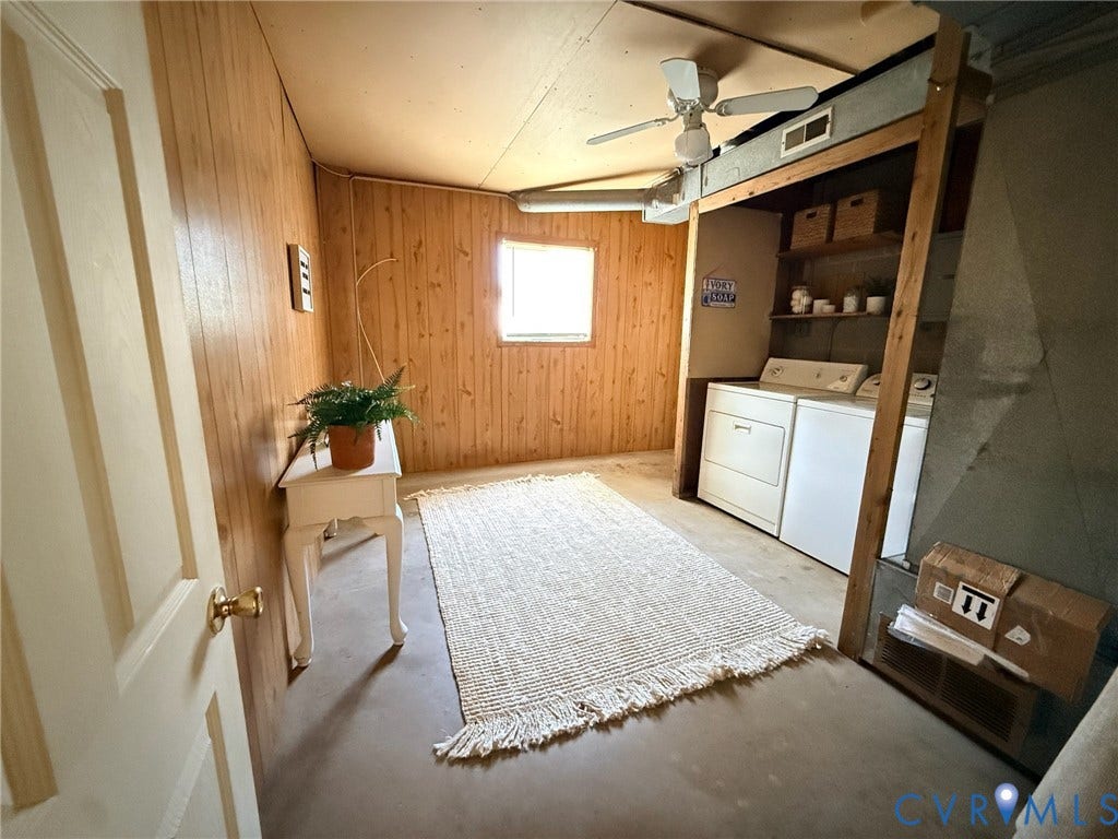 6401 Lythgoe Avenue, North Chesterfield, VA 23234 Paneled walls, concrete flooring, window, ceiling fan, and built-in shelving
