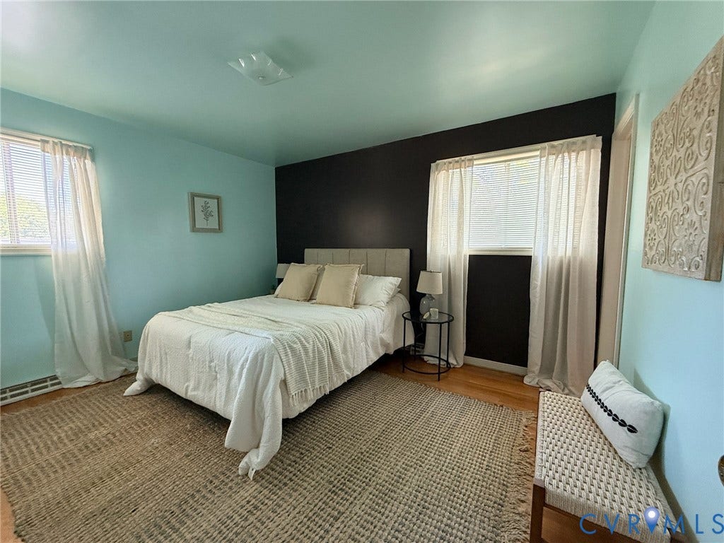 6401 Lythgoe Avenue, North Chesterfield, VA 23234 Wood-finish flooring with a woven area rug, two windows with blinds, and a flush-mount ceiling light