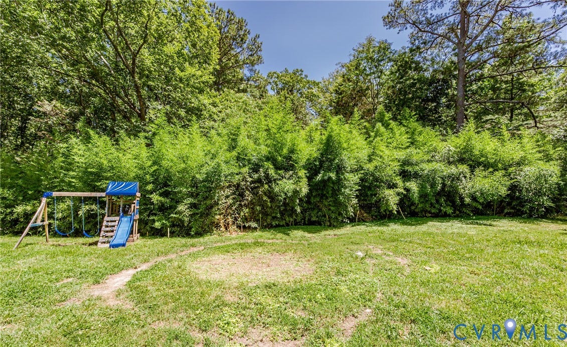 Expansive backyard with mature tree-lined perimeter and open lawn space