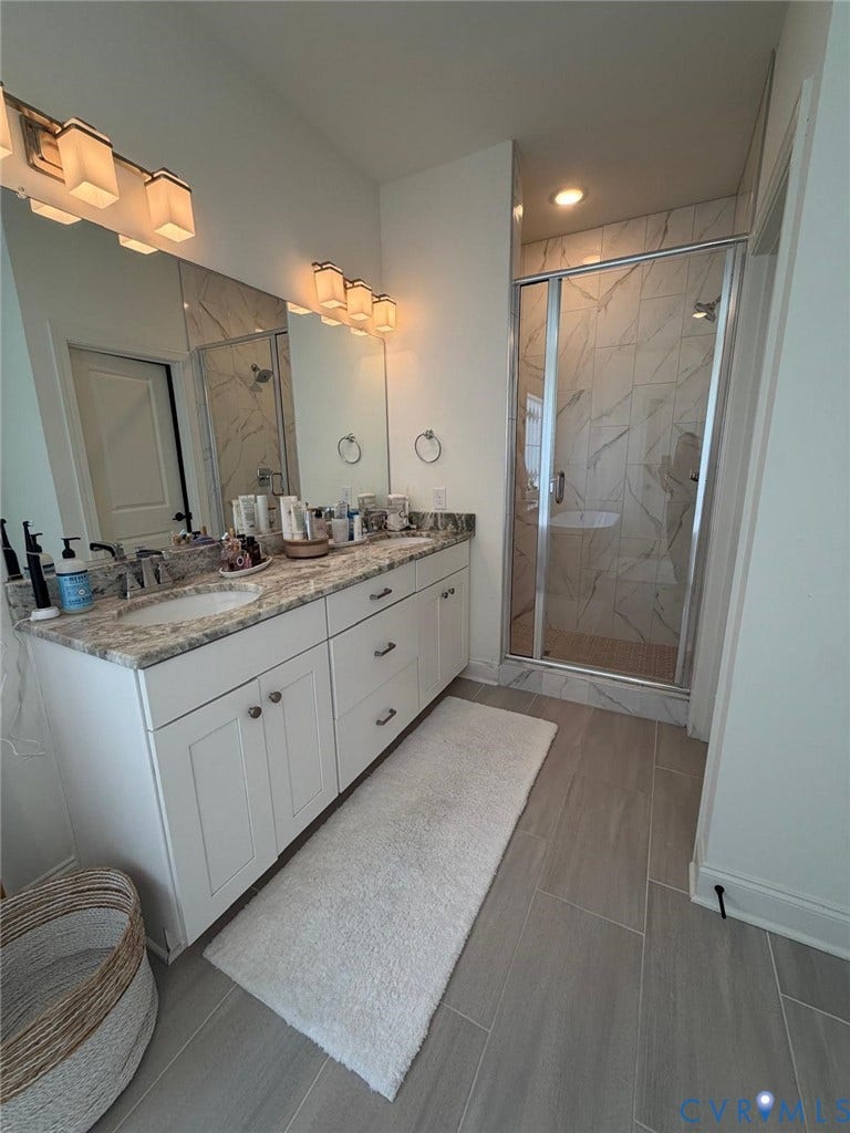 4516 Bacova Club Court, Glen Allen, VA 23059 Double vanity with undermount sinks, stone countertop, and white cabinetry