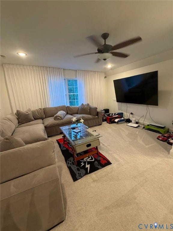 4516 Bacova Club Court, Glen Allen, VA 23059 Recessed ceiling lighting, ceiling fan with integrated light fixture, wall-mounted television, and light-colored carpeting