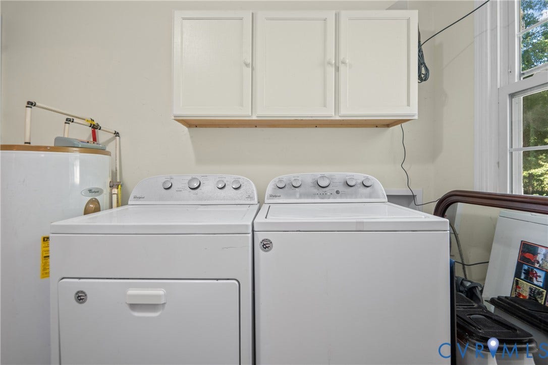 3940 Three Bridge Road, Powhatan, VA 23139 Laundry area with built-in cabinetry, window, and water heater