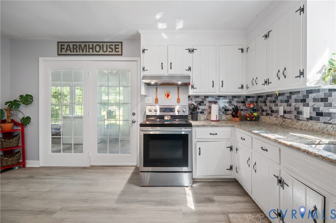 3940 Three Bridge Road, Powhatan, VA 23139 White cabinetry with black hardware, mosaic tile backsplash, light-toned countertops, and stainless steel range