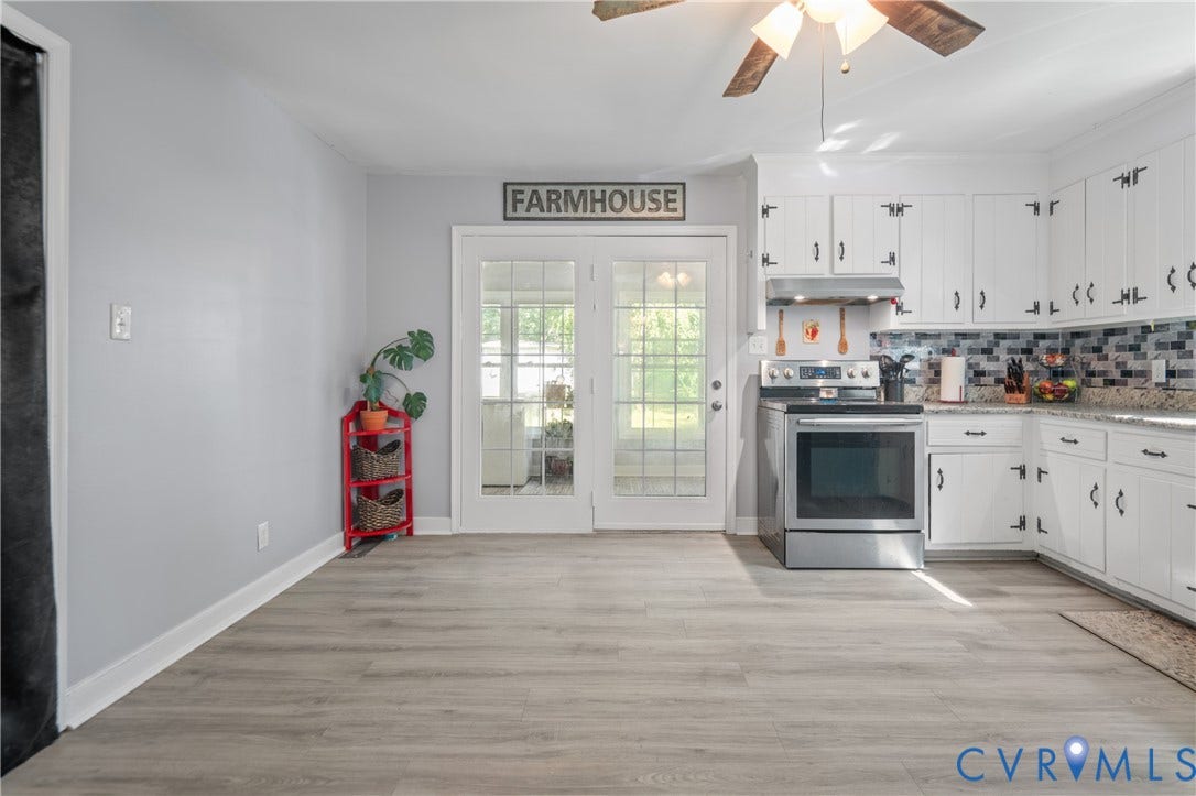 3940 Three Bridge Road, Powhatan, VA 23139 Light wood-finish flooring with white walls and trim, featuring white kitchen cabinetry, stainless steel appliances, and a tiled backsplash