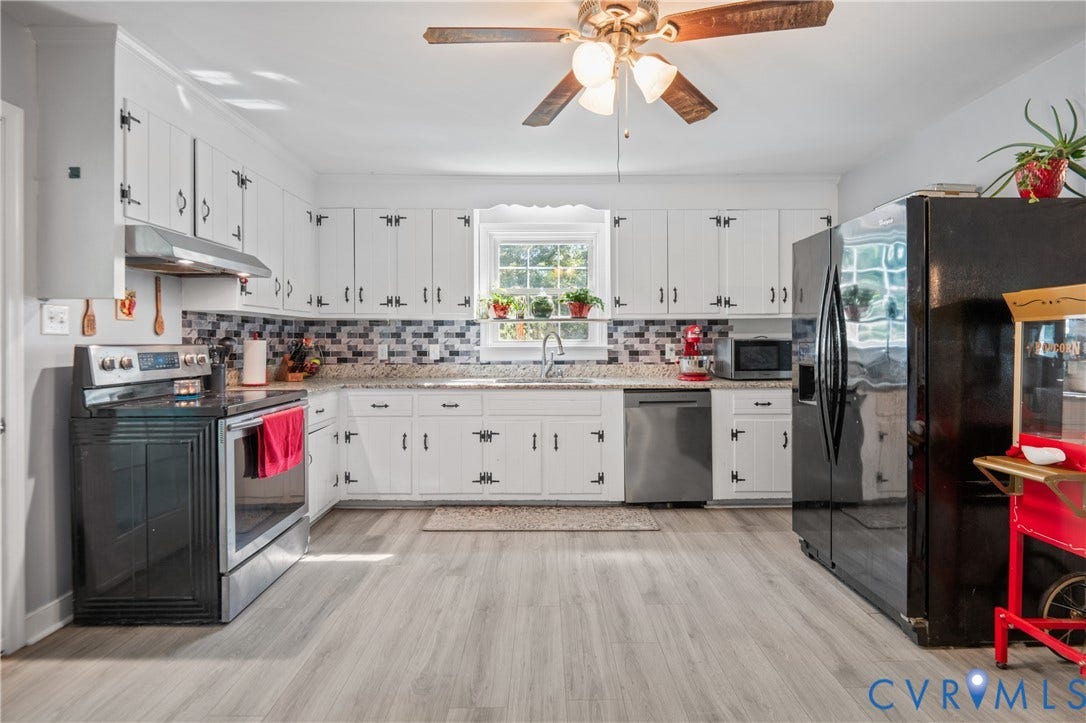 3940 Three Bridge Road, Powhatan, VA 23139 Bright kitchen featuring white cabinetry with black hardware, granite-style countertops, mosaic tile backsplash, and light wood-finish flooring