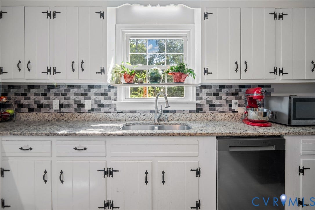 3940 Three Bridge Road, Powhatan, VA 23139 White cabinetry with black hardware, granite-look countertops, subway tile backsplash, stainless steel sink, and a built-in dishwasher