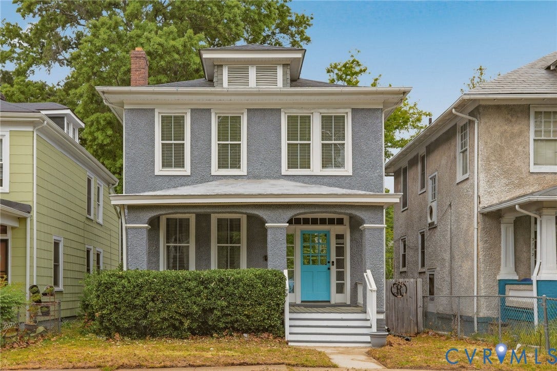 3110 3rd Avenue, North Highland Park, Richmond, VA 23222 Two-story stucco exterior featuring a covered front porch, white window trim, and a vibrant turquoise front door