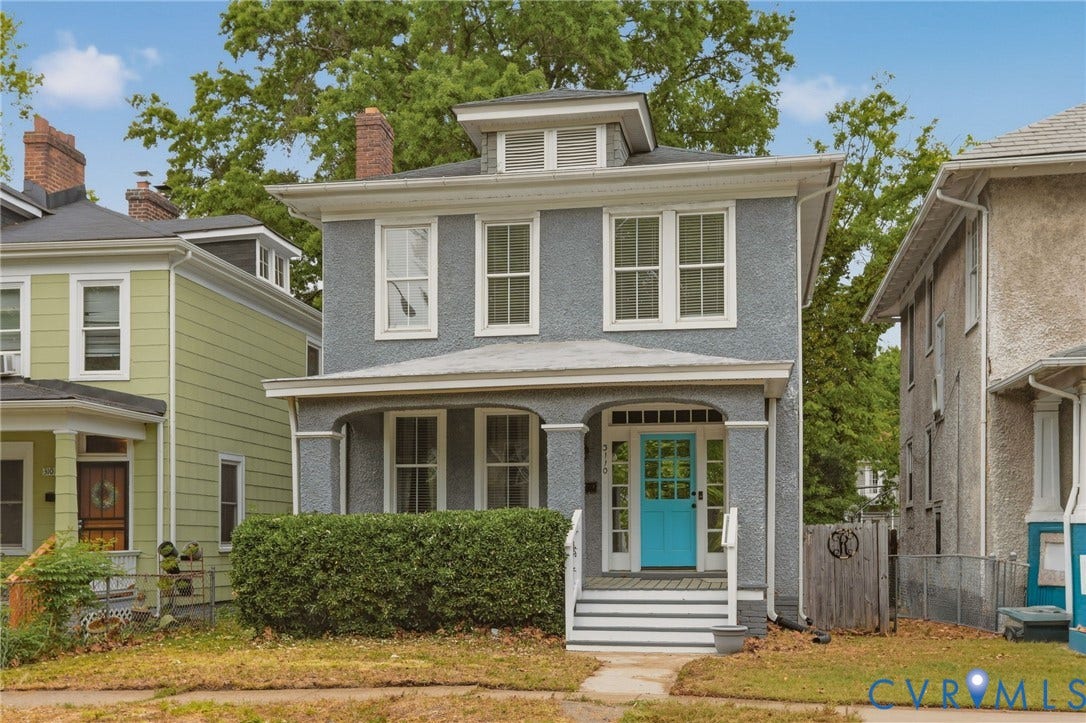 3110 3rd Avenue, North Highland Park, Richmond, VA 23222 Two-story residence featuring a gray textured exterior and a prominent turquoise front door