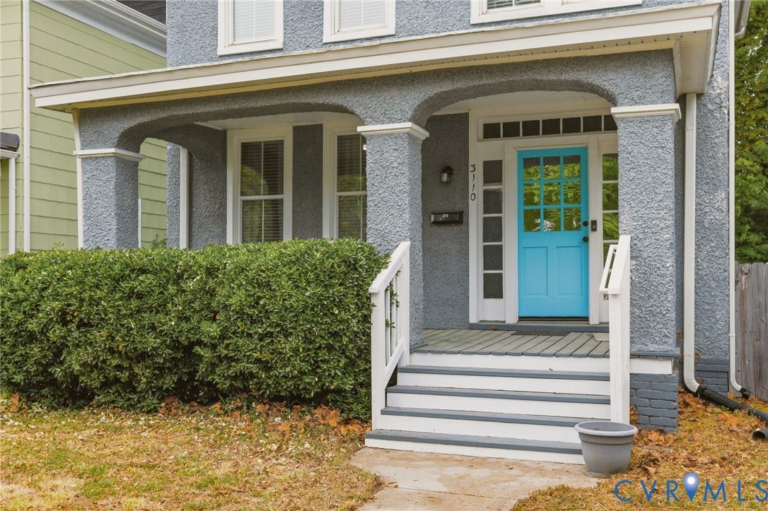 3110 3rd Avenue, North Highland Park, Richmond, VA 23222 Inviting front porch featuring a vibrant blue front door with glass panels