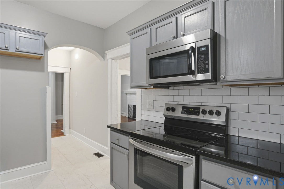 3110 3rd Avenue, North Highland Park, Richmond, VA 23222 Kitchen featuring stainless steel appliances, grey cabinetry, white subway tile backsplash, and dark countertops