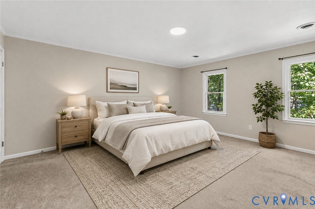 9007 Chatham Grove Lane, Richmond, VA 23236 Neutral wall tones with crisp white trim, recessed lighting, and two double-hung windows - Ai Enhanced Image