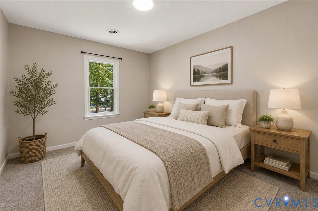 9007 Chatham Grove Lane, Richmond, VA 23236 Neutral wall colors, recessed ceiling light, window with black curtain rod, light-toned carpeting, and wood-finish nightstands