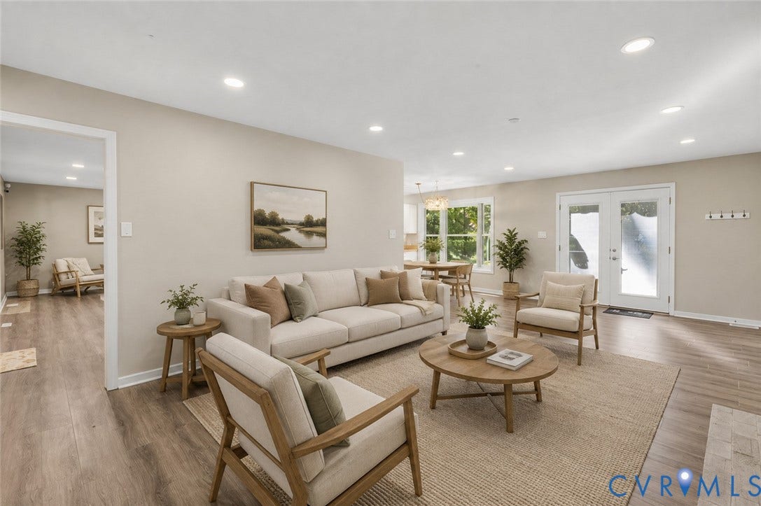 9007 Chatham Grove Lane, Richmond, VA 23236 Recessed lighting, wood-finish flooring, light-toned walls, and double French doors to the exterior - Ai Enhanced Image