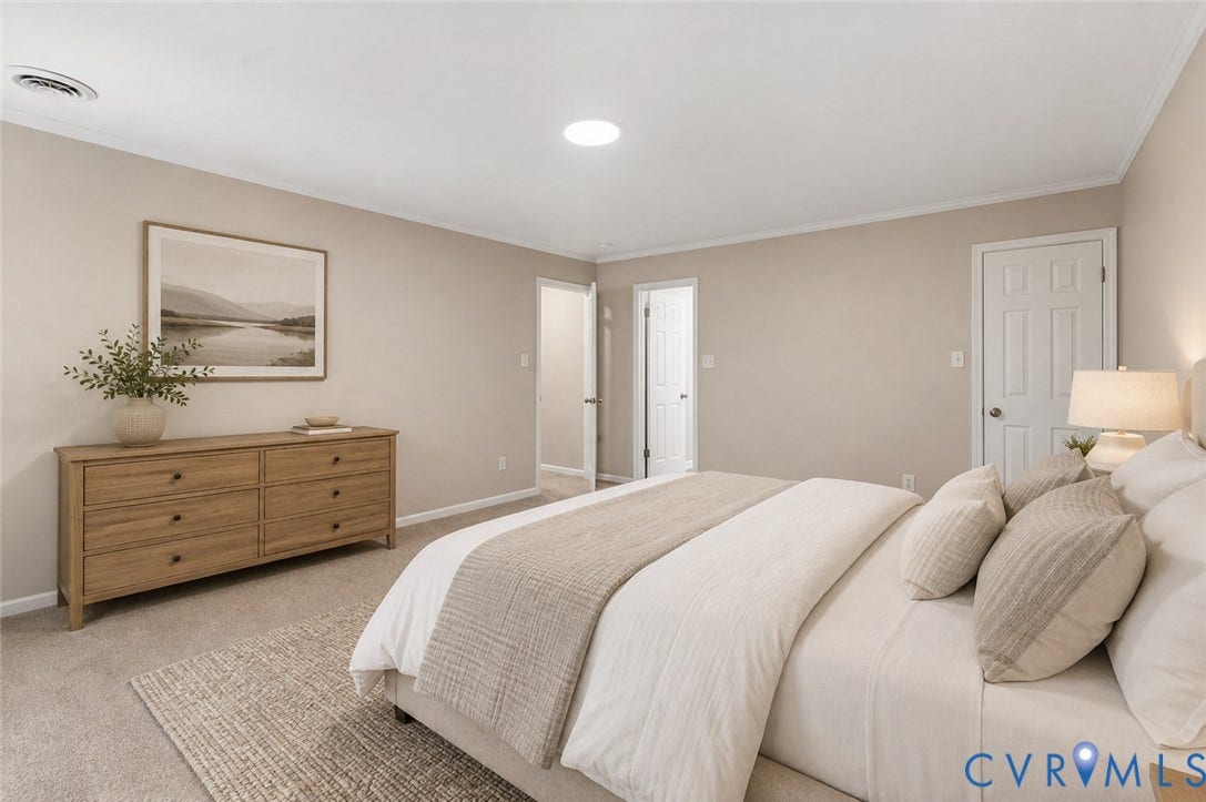 9007 Chatham Grove Lane, Richmond, VA 23236 Neutral-toned walls complement the carpeted flooring - Ai Enhanced Image