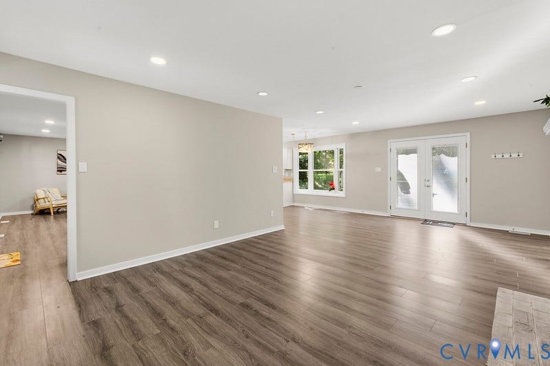 9007 Chatham Grove Lane, Richmond, VA 23236 Recessed lighting, wood-finish flooring, light gray wall paint, white trim, and white double glass doors