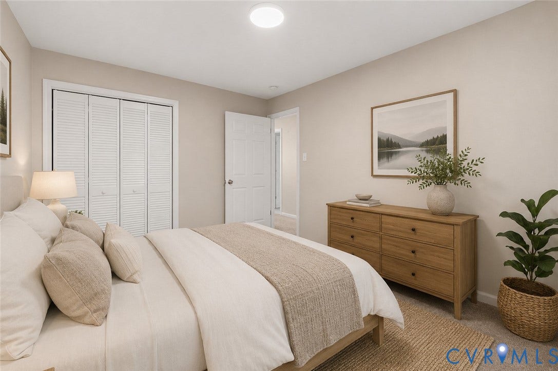 9007 Chatham Grove Lane, Richmond, VA 23236 Neutral wall paint, white louvered bifold closet doors, and carpet flooring