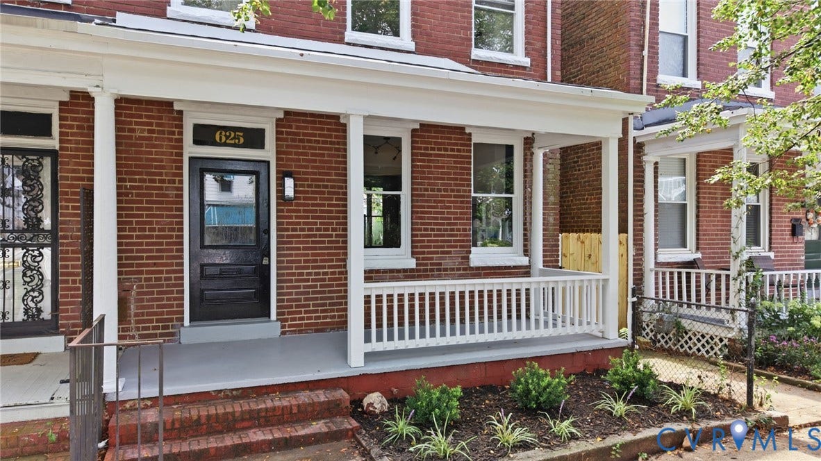 625 N 33rd Street, Chimborazo, Richmond, VA 23223 Brick facade with a covered front porch, white railing, and decorative columns