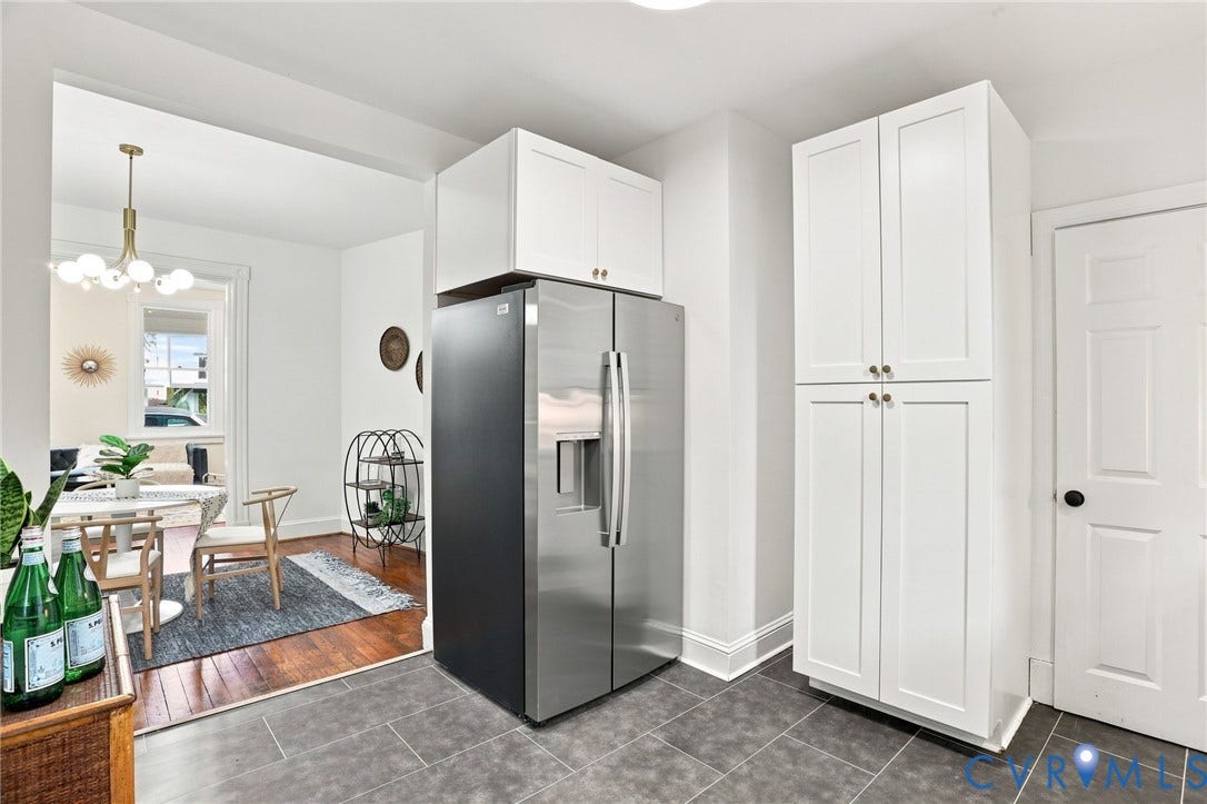 625 N 33rd Street, Chimborazo, Richmond, VA 23223 Modern kitchen featuring stainless steel side-by-side refrigerator with ice and water dispensers, white shaker-style cabinetry with brushed nickel hardware, and gray tile flooring