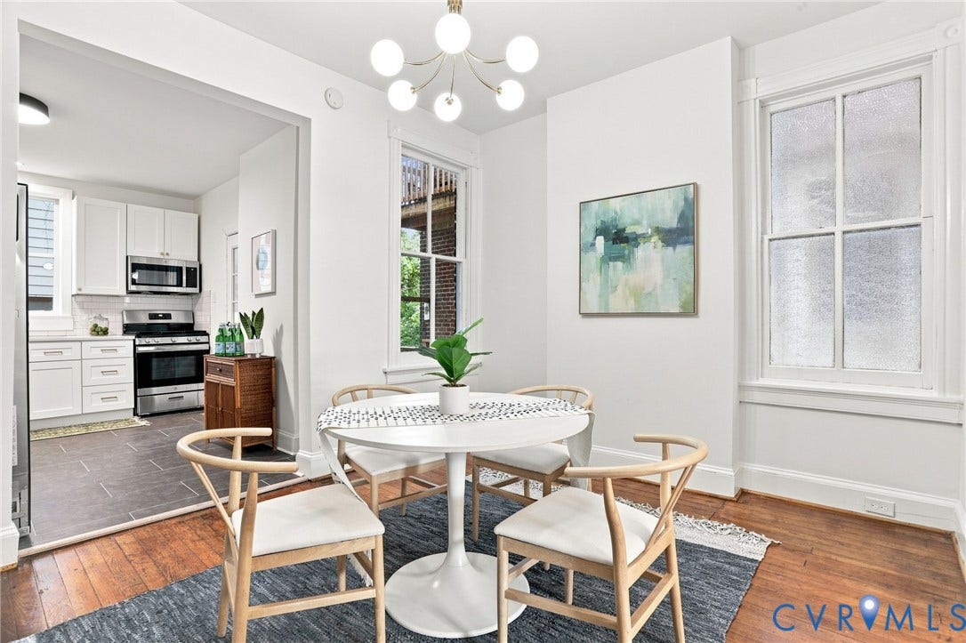 625 N 33rd Street, Chimborazo, Richmond, VA 23223 Bright dining area featuring a round pedestal table, wood chairs with woven seats, and hardwood flooring
